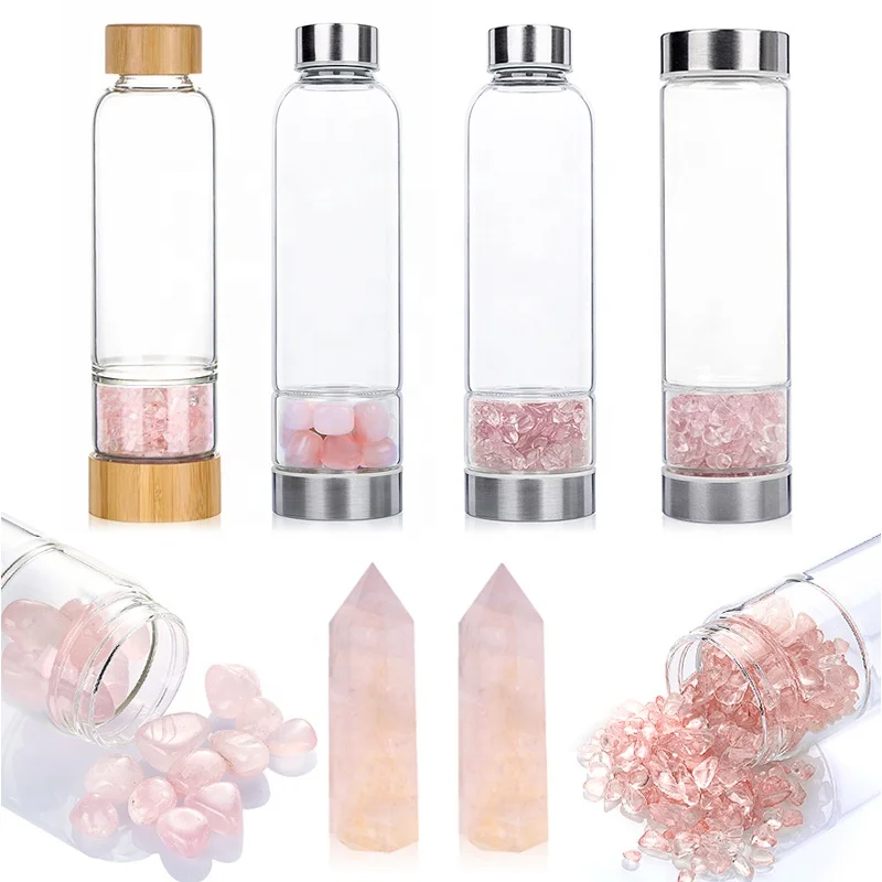 Natural Healing Rose Pink Quartz Crystal Water Bottle Double Wall Glass Bottle With Tea Infuser