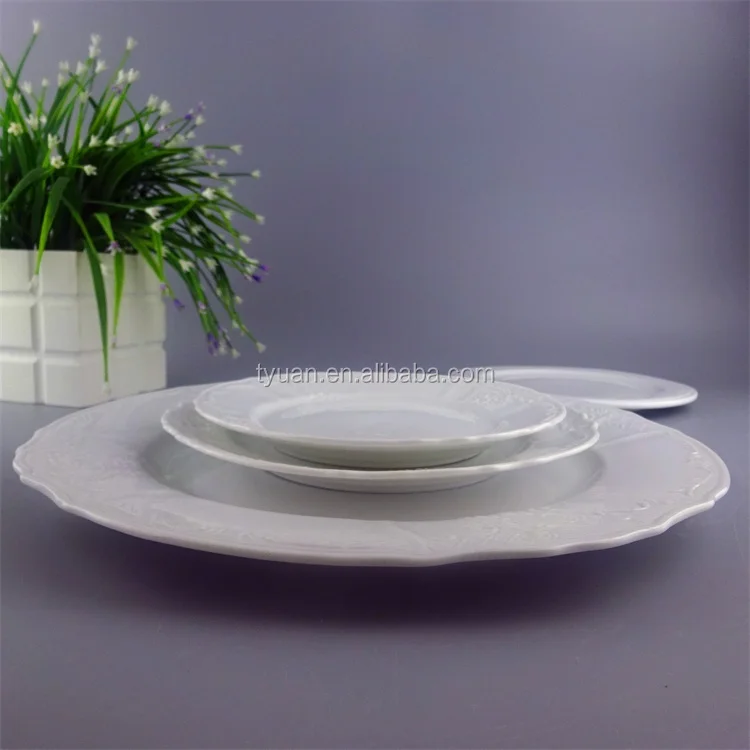 Porcelain round Emboss Artistry Wedding Dishes Pottery Dinner Plate with Plant Pattern for Restaurant and Camping details