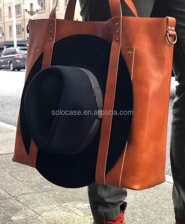 Women's Leather Tote Bag with Hat Straps