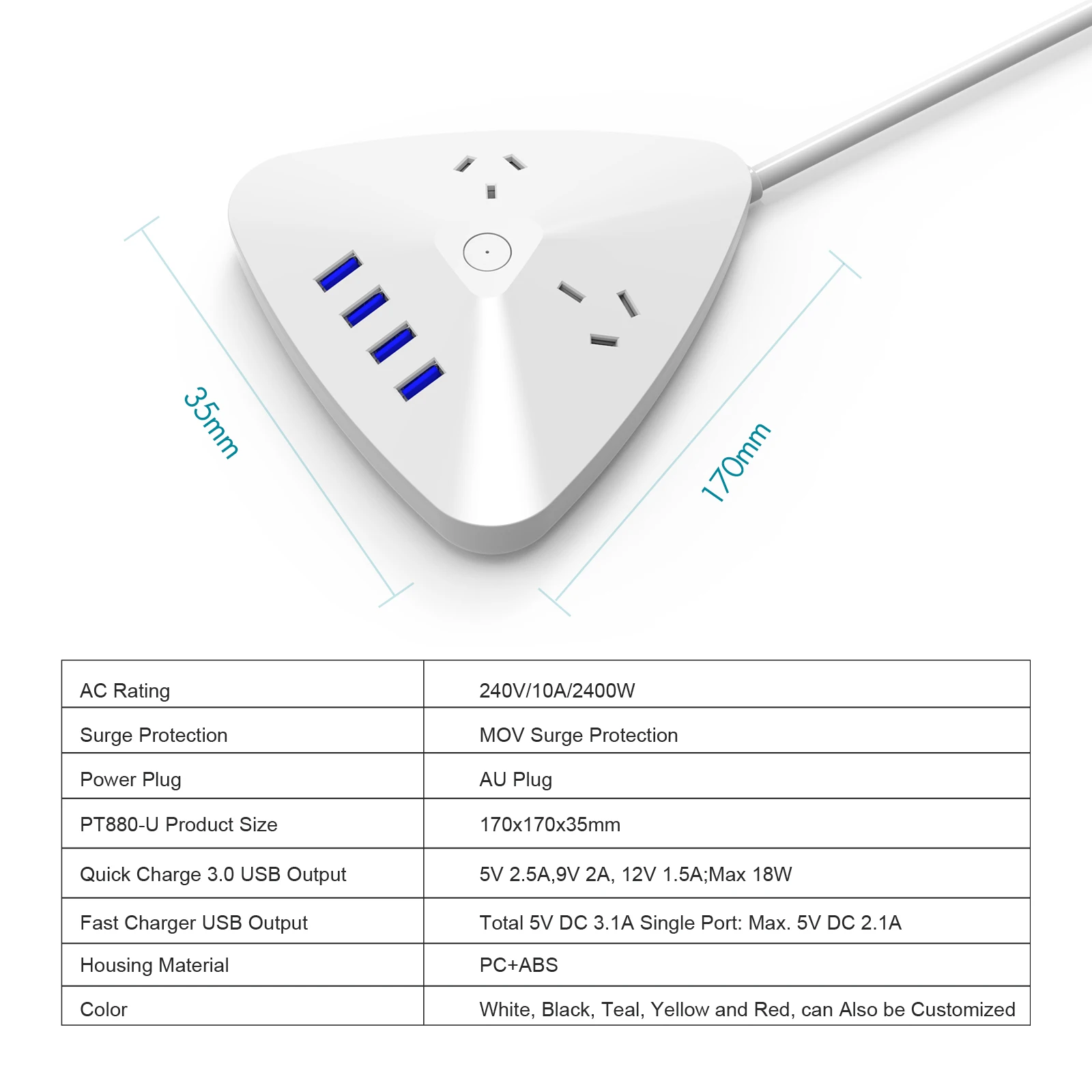 Triangle Shape Flat Plug Power Strip with USB Ports