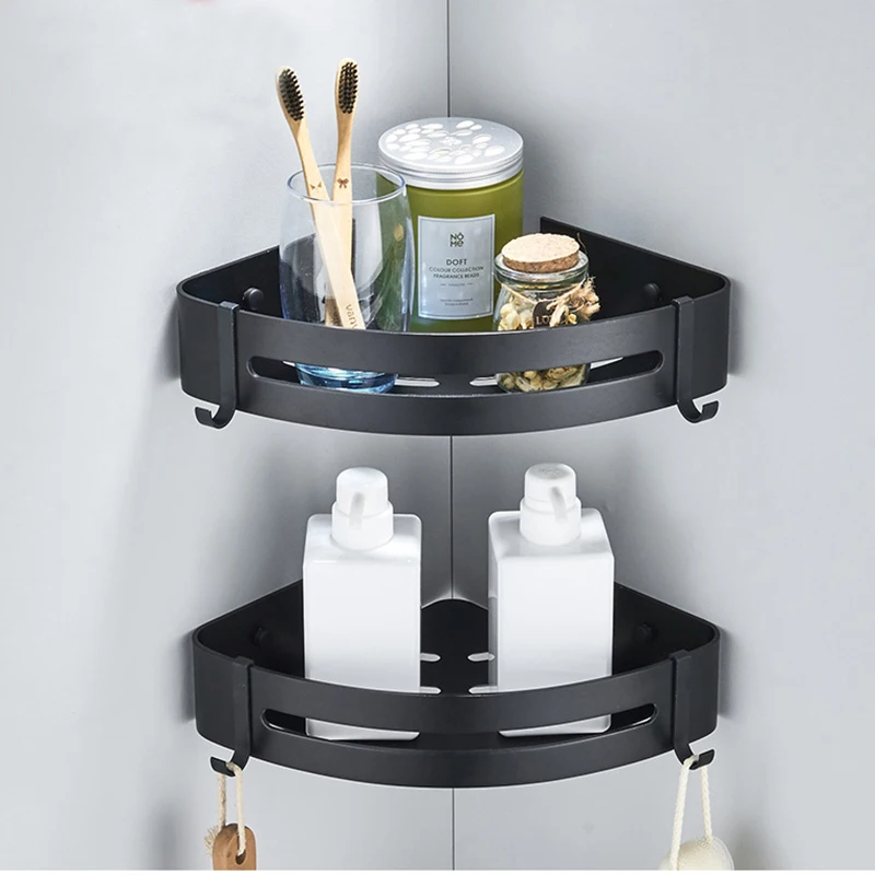 Space Aluminum Wall Mount Shower Shelf Bathroom Corner Shelf With Hooks Shower Corner Shelf