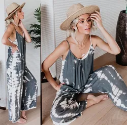 Hot Sale Casual Bohemian V Neck Backless Spaghetti Strap Strappy Loose Wide Leg Pants Trousers Tie Dye One Piece Jumpsuit