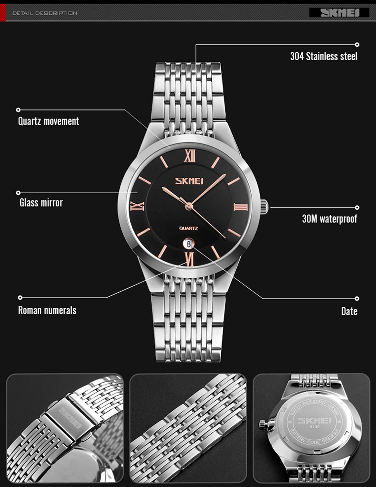 SKMEI 9139 Top 10 marche argento coppia orologio al quarzo di lusso in acciaio inossidabile cinturino impermeabile Auto data semplice orologio da polso coppia