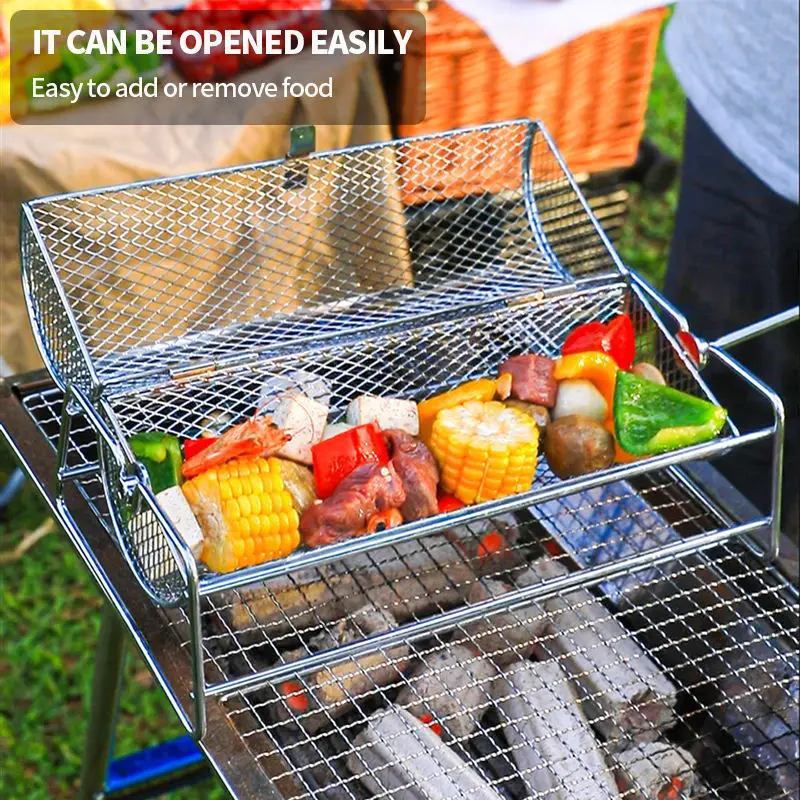 Factory Direct Sales Stainless Steel Round Rolling Grill Basket Multi-Function Reusable Portable Durable Cross-Border BBQ Tool supplier