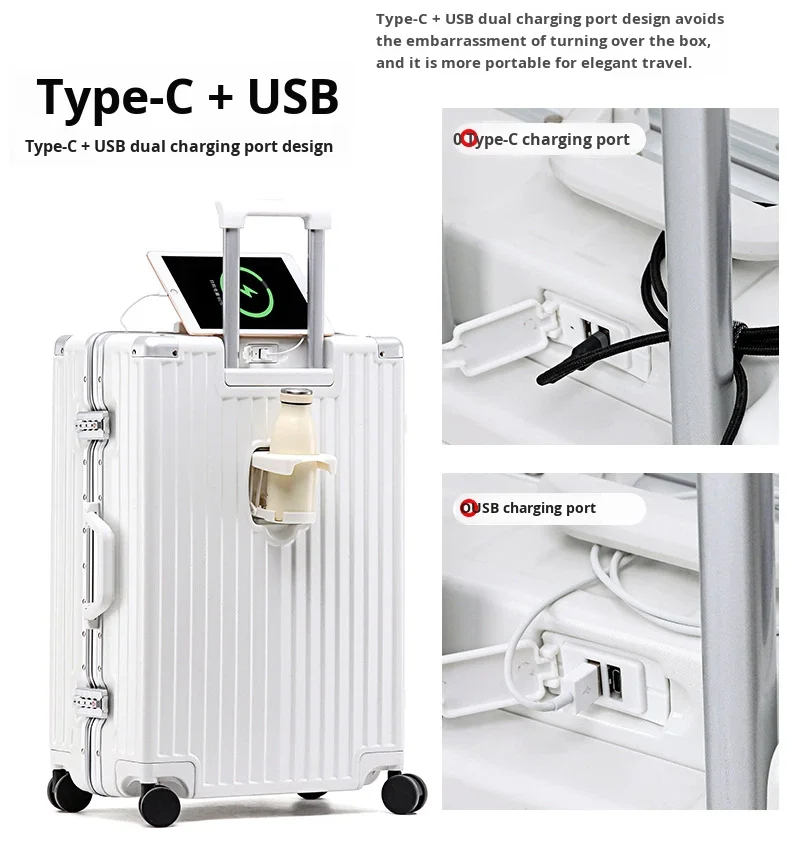 product 29 inch multifunctional pc trolley universal wheel spinner usb charging port aluminum frame new cup holder cartoon hard case-10