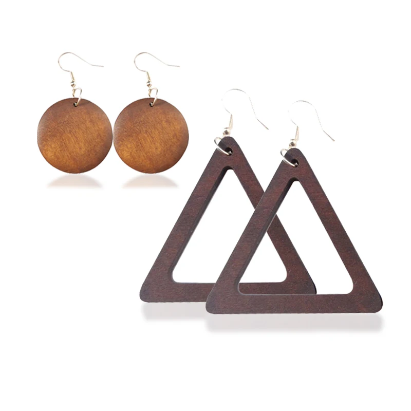 
New design Vintage handmade wood earring triangle/round National style fashion Exaggerated geometry jewelry 