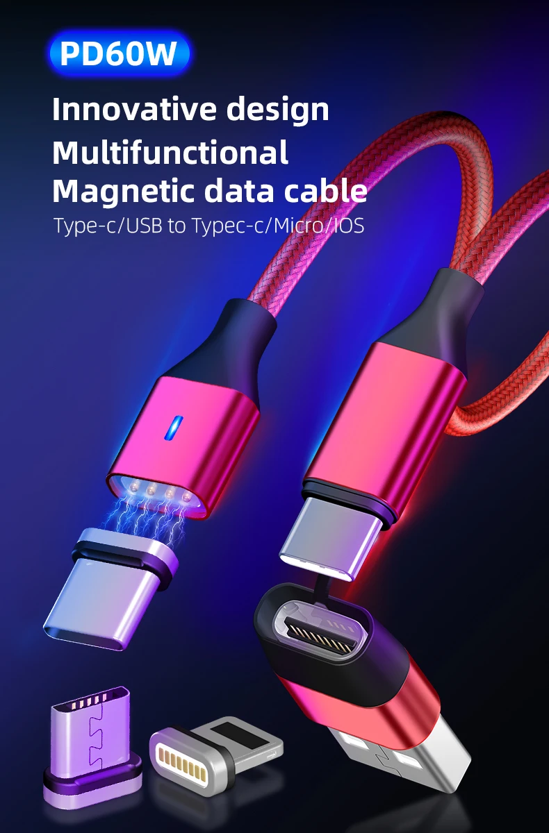 wholesale on stock magnetic charging cable cell phone accessories PD USB C/USB A to android type c/ios lighting micro usb cable