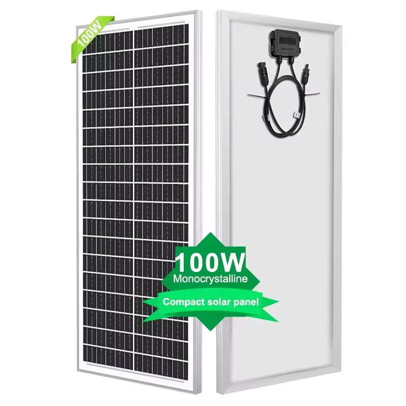 Side-by-side comparison of rigid vs flexible 100W monocrystalline solar panels showing thickness, weight, and mounting profile