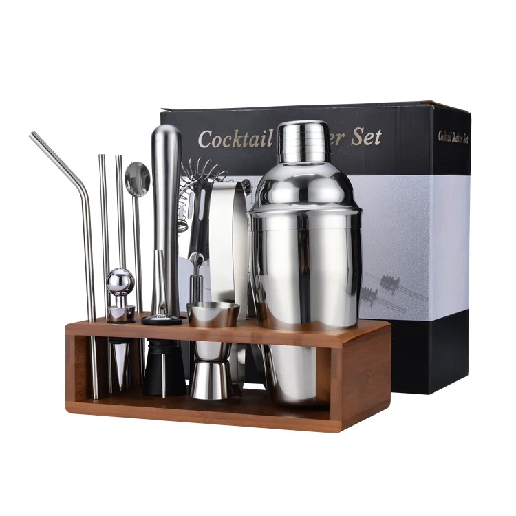 
Premium 550ml 18oz bamboo stand 13-piece stainless steel cocktail shaker set 
