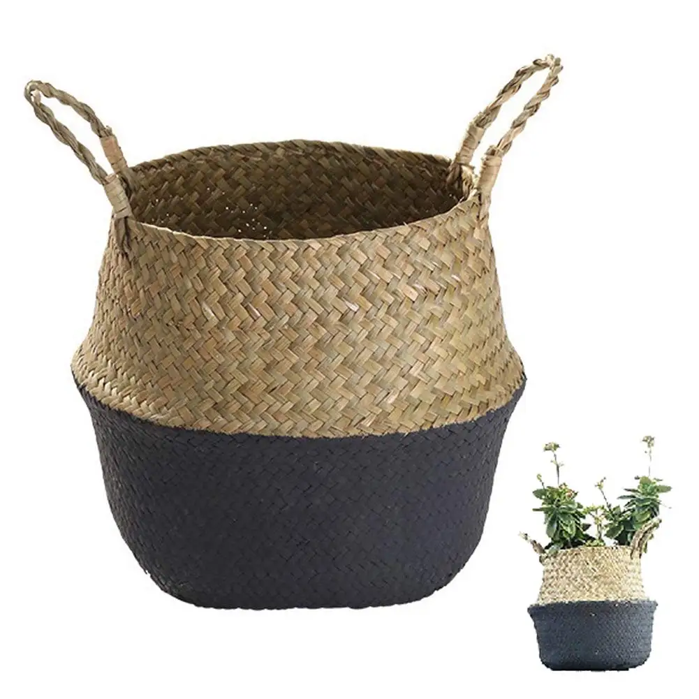Large, Natrual Laundry Also for Storage Handmade Woven Rattan Seagrass Tote Belly Basket Picnic and Garden Flower Vase Plant Pots Cover Indoor Decorative 