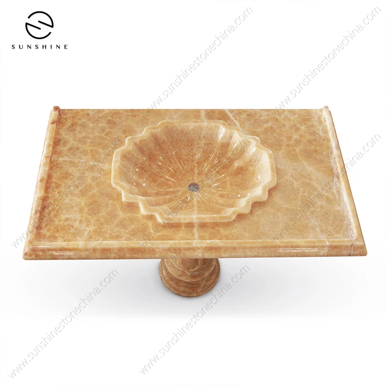 Custom Sized Honey Onyx Marble Stone Wall Mounted Console Pedestal Bathroom Sink