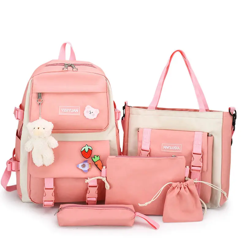 Custom Student Backpack Set Female Large Capacity 5 Piece Set Student Backpack Girl Casual