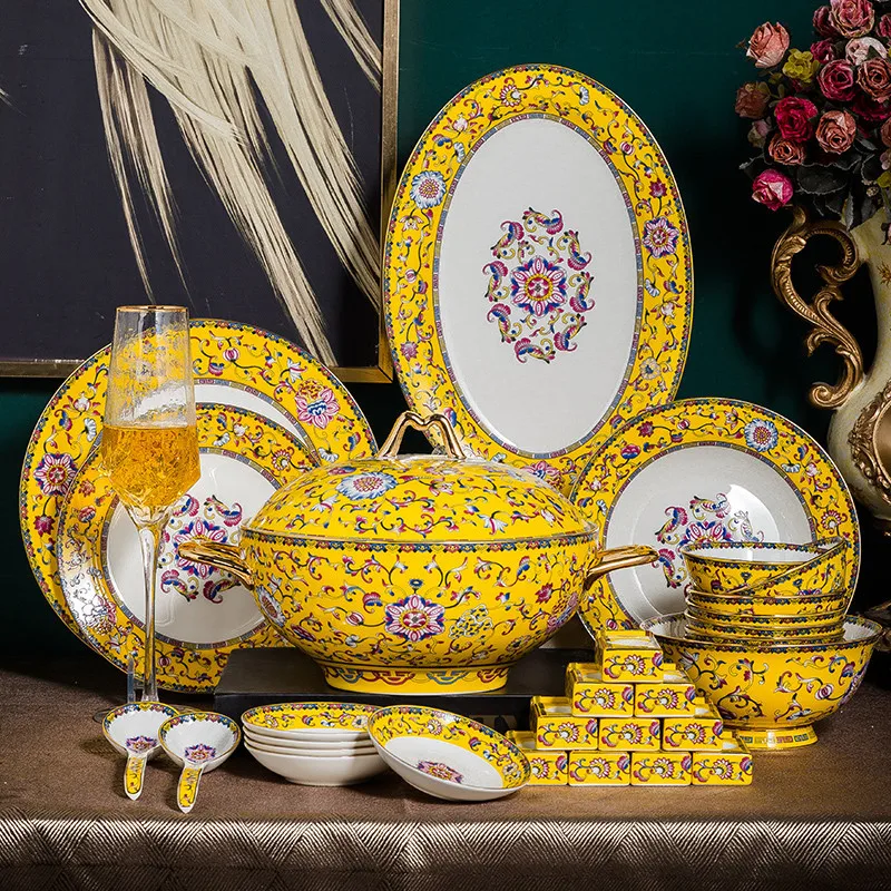 70 Pcs High-End Bone China Tableware Set Enamel Color Bowl