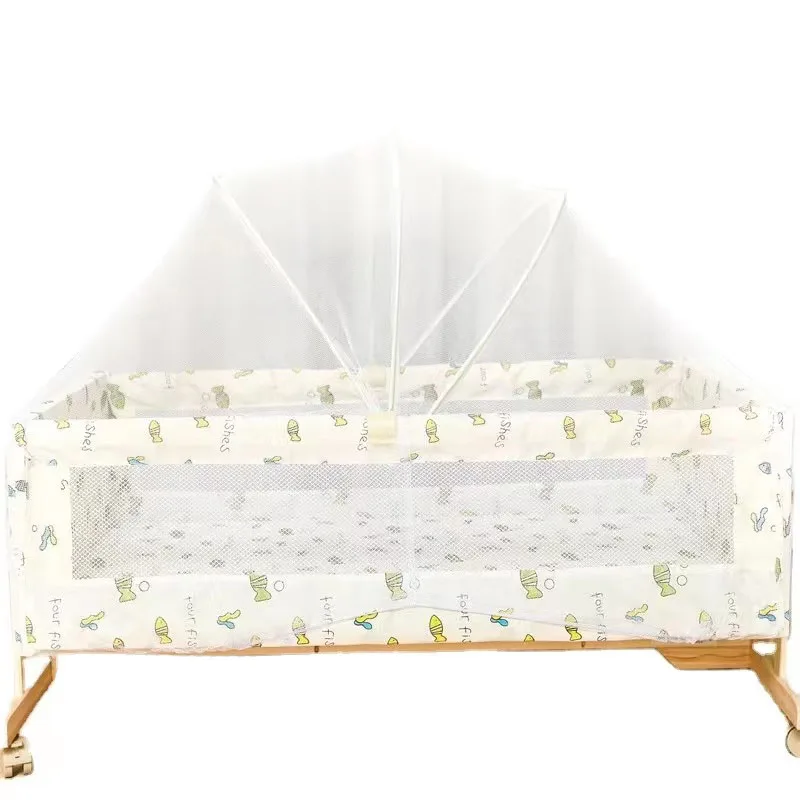 hot selling multi-functional solid wood portable shaking baby crib with mosquito net and removable wheels for 0-8 months kids