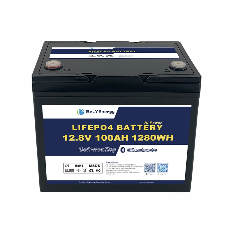 12V 100Ah LiFePO4 battery mounted in an RV battery bay with clean cable routing
