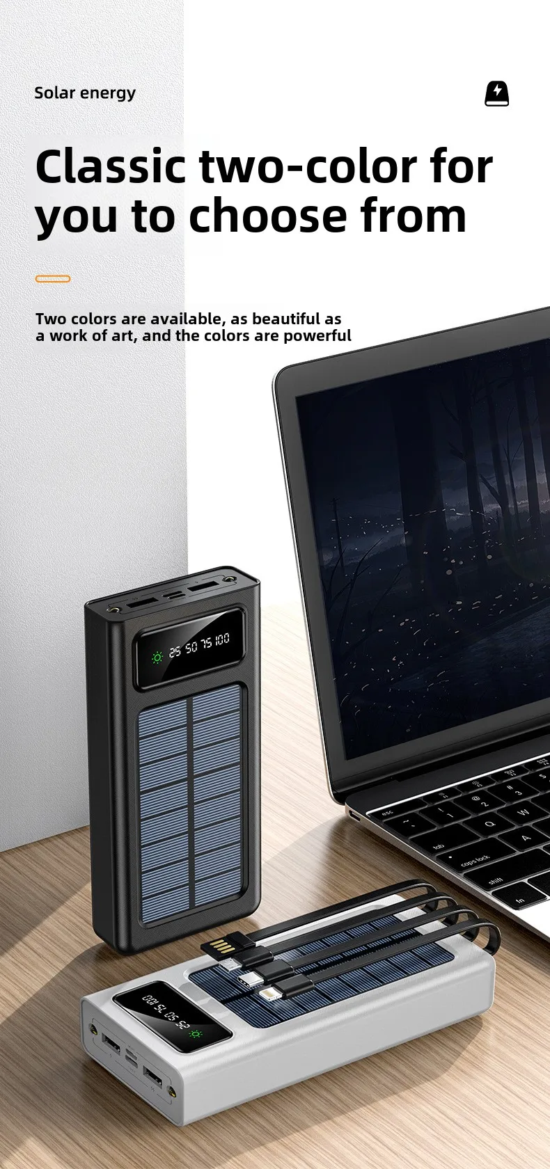 Wholesale 30000mAh Large Capacity Portable Charger 15W Output Built-In Four-Wire Solar Universal Mobile Wireless Charging Bank