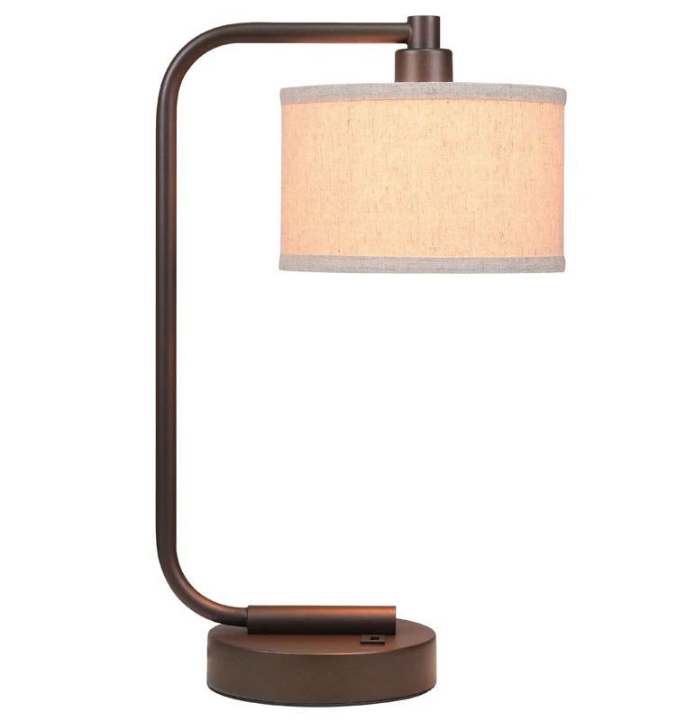 Modern Dark Bronze Nightstand Lamp, Linen Fabric Shade Desk Lamp Iron Table Lamp with USB Port