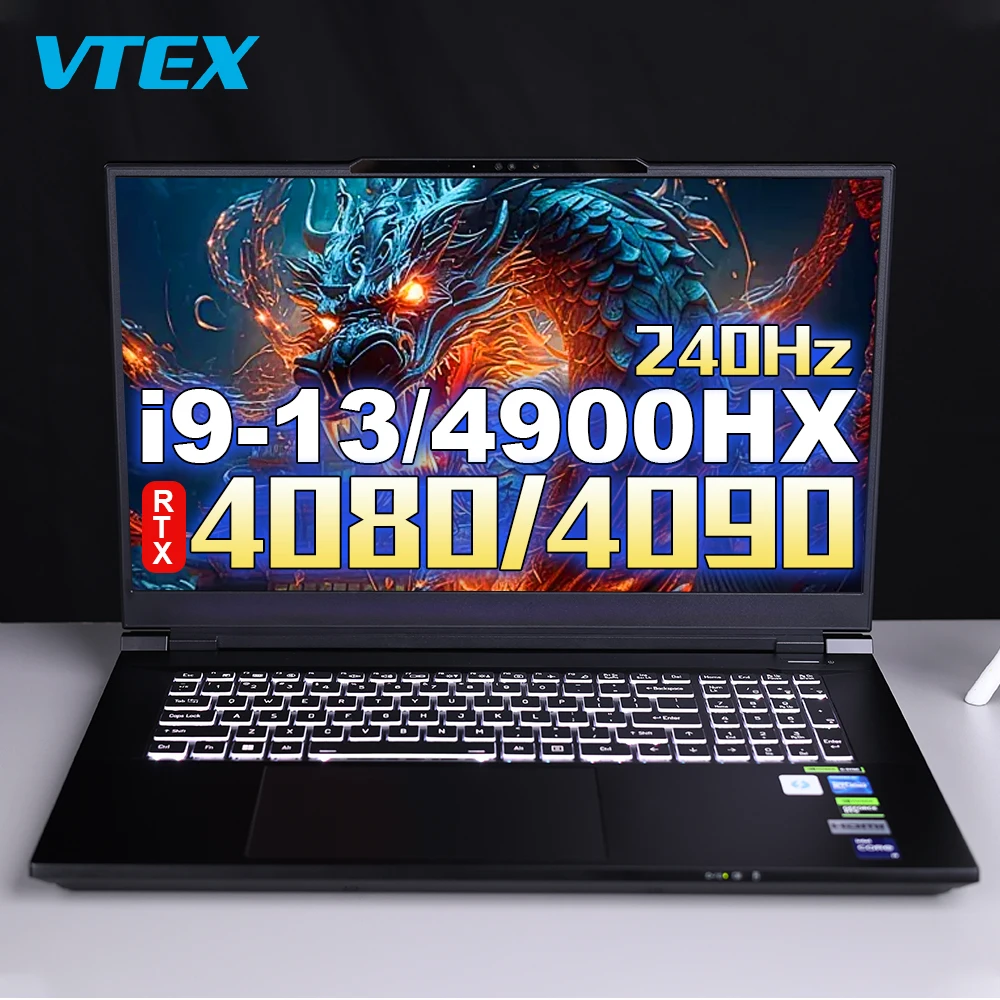 Front view of a 17.3-inch gaming laptop with RGB keyboard and aggressive venting