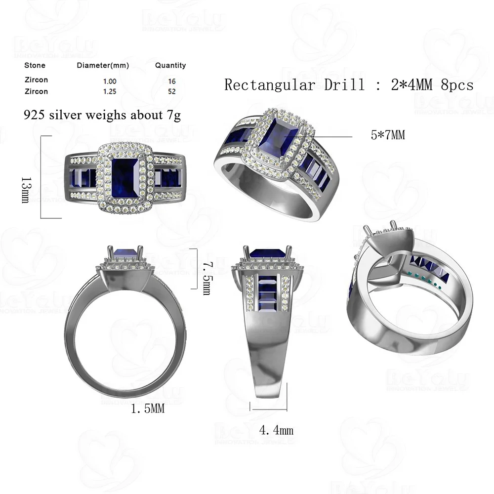 product-BEYALY-Beyaly CAD Custom Jewelry Blue Rectangular Drill Multi Clear Zircon Pave Setting Ring