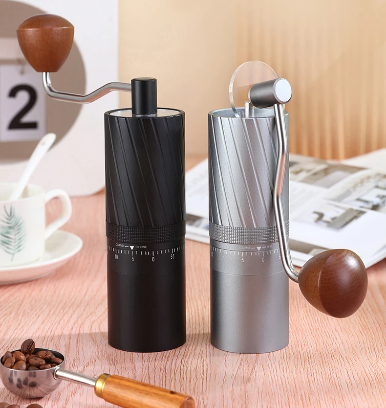 Manual Coffee Grinders External Adjustment Fine Diagonal Stripe Solid Wood Metal Handle Durable Washable Lightweight Compact details