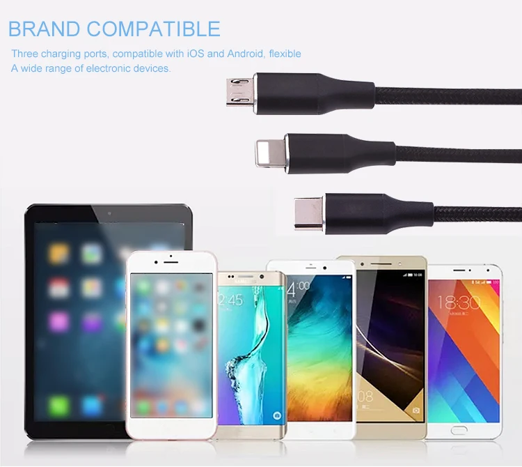 1M 3A Braided Multi Usb Cable Fast Charging Type C 3 In 1 Charger Cable - ANKUX.COM