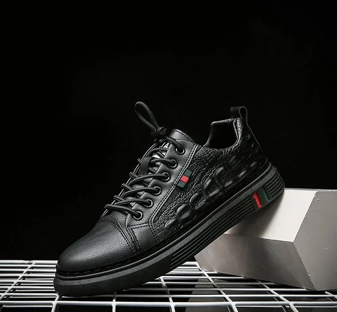 Leather Shoes Men's New Sneakers Trend All-match Business Work Black ...