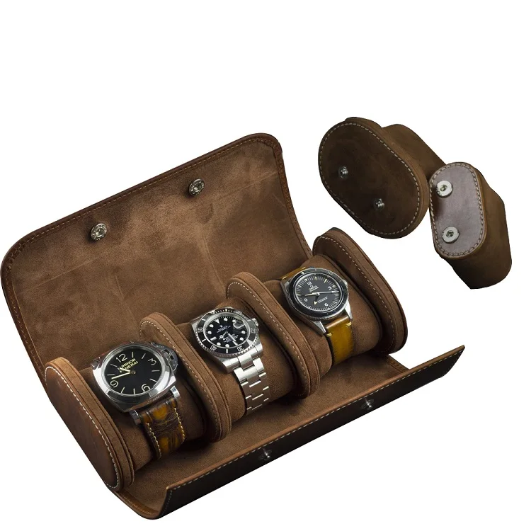 High Quality Black Luxury Roll Leather Watch Travel Case For 3 Wrist