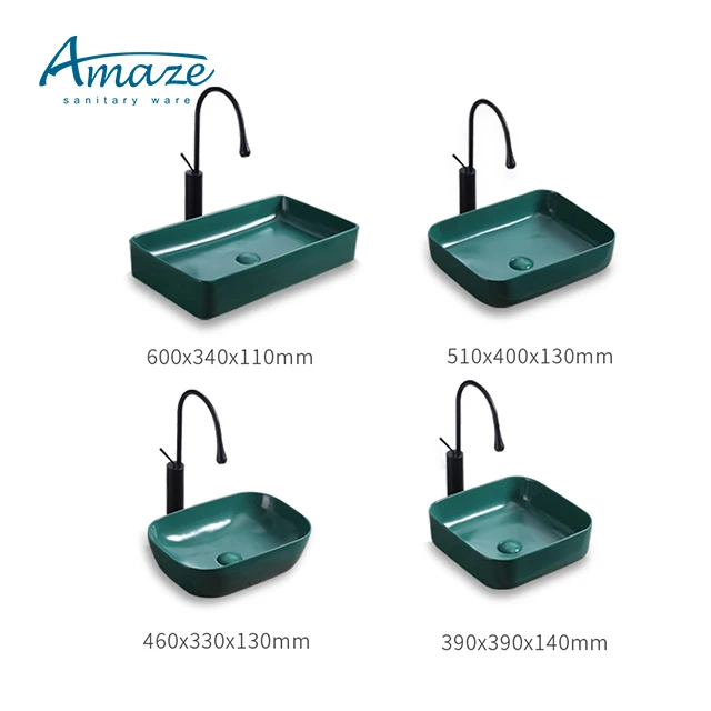 Morden style ceramic square countertop art basin green color rectangular shape hand washbasin bathroom sink details