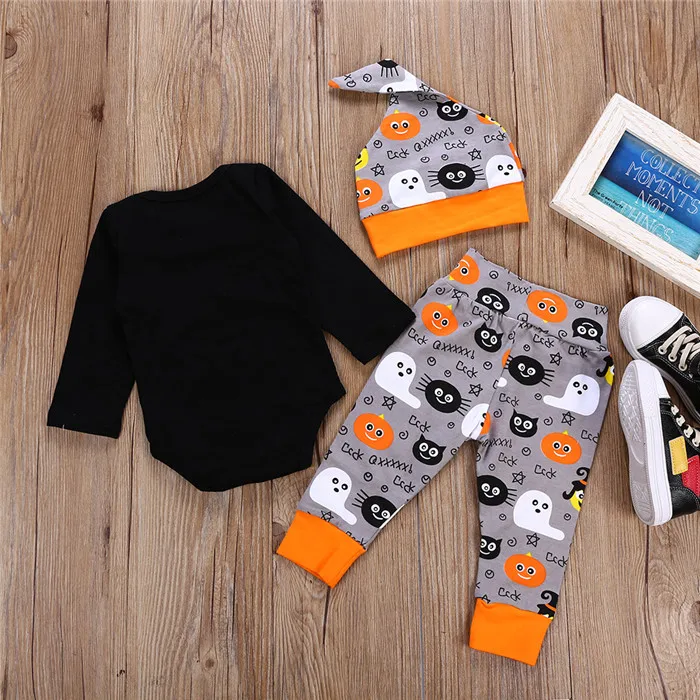 3PCS Baby Boys' Outfit Set Halloween Pumpkin Costume Long Sleeve Romper