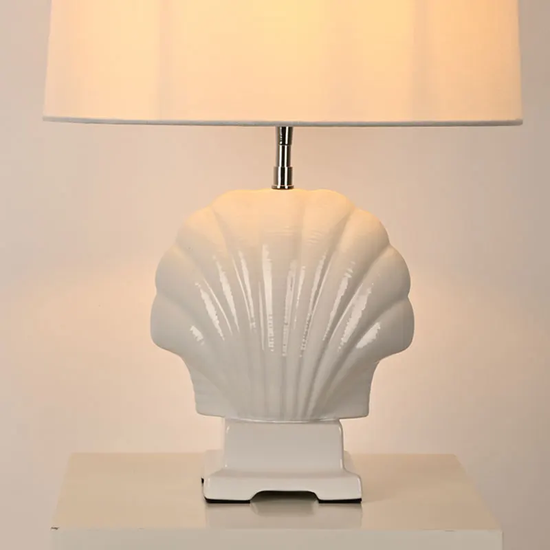 Living Room Family Bedroom Handmade Linen Drum Shade Modern Shell Ceramic Table Lamp