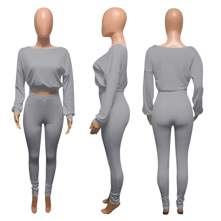 New Fashion 2 PCS Outfits Tracksuit Rib Long Sleeve Tops Leggings  Fall Women Clothing Two Piece Set