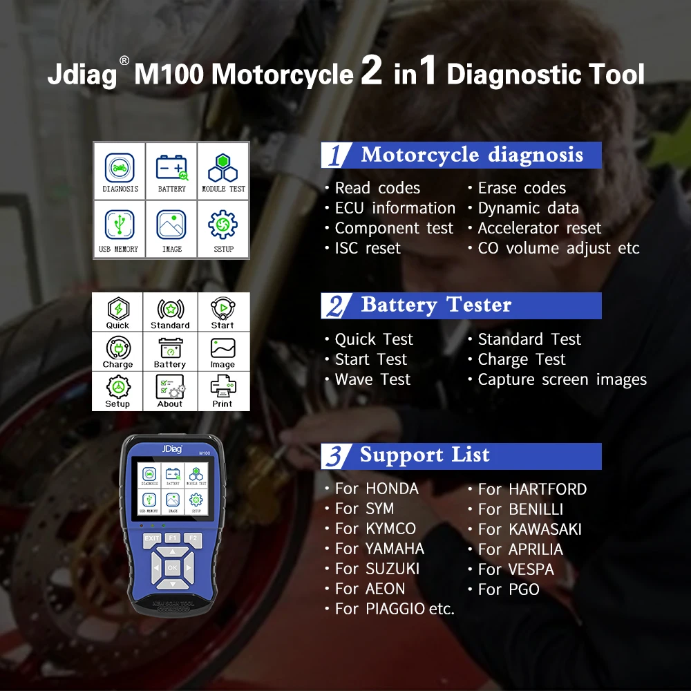  Motorcycle Diagnostic Scanner Tool JDiag M100 Motorbike Scan Tool 