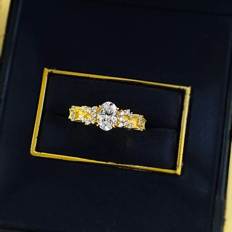 S925 Silver Gold-Plated Ring 5*7mm Egg-Shaped Oval Cut with Zircon Middle Ancient Pigeon Egg Fingertip Elf Lab Diamond Ring