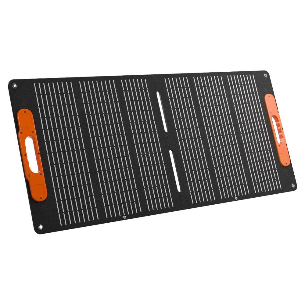 Folded and unfolded 100W folding solar panel showing hinge mechanism and carry handle