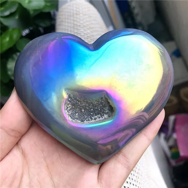 新品上市抛光水晶工艺品天然石英水晶彩虹心形光环玛瑙druzy geode