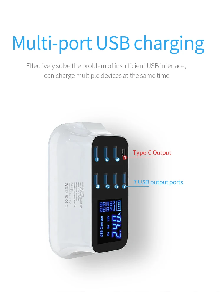 Fast charging 40W 8 ports USB charger with LCD display Power Adapter Desktop Strip PD usb charger adapter