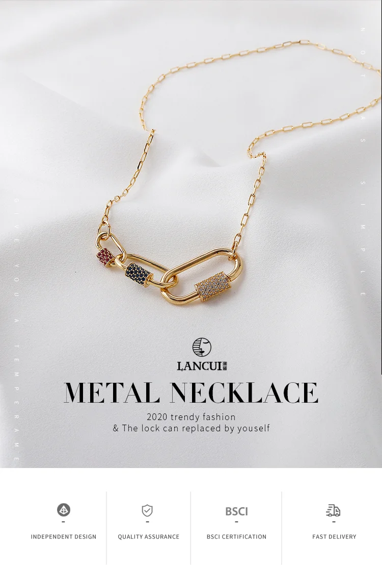 Three Locks Interlocking Necklace Gold Plated Copper Inlaid Zirconium Carabiner Screw Locks