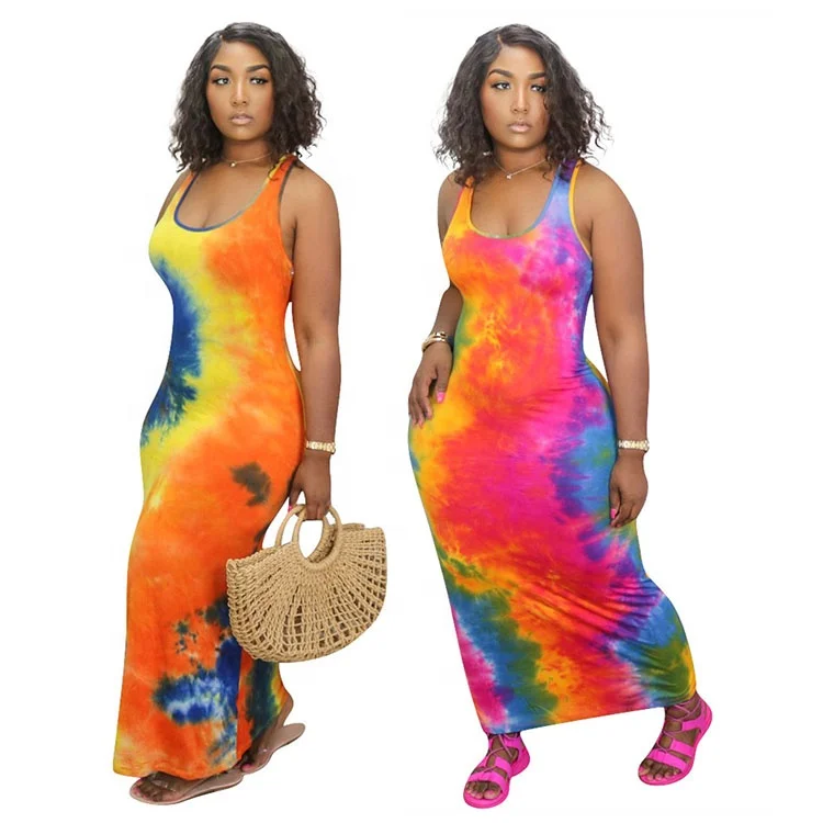 

GL221339 Hot Sale Colorful Printed Sleeveless Long Dresses Women Summer Fashion Straight Casual Maxi Dress
