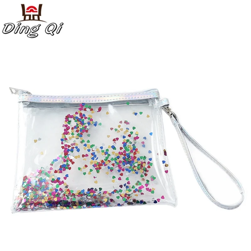 Liquid filled ziplock pvc transparent zipper cosmetic bag pink clear