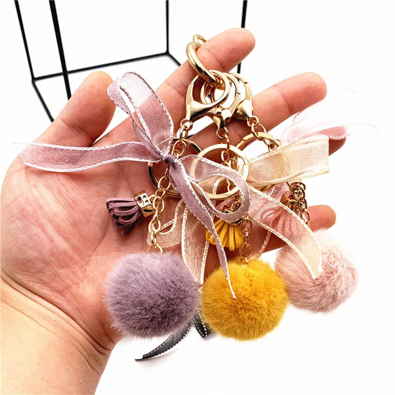 
Custom Cute Colorful Bow Lace Plush Pendant Fur Ball Pom Pom Bag Pendant Key Chain 