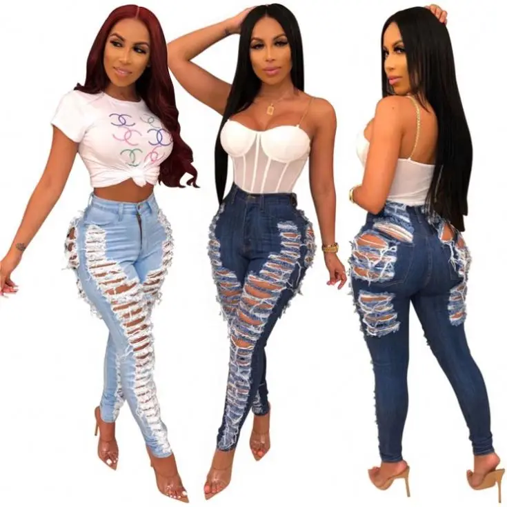 Venta al por mayor set of jeans for ladies Compre online los China 2017 Venta caliente Moda Mujer Bodycon lavado jeans de