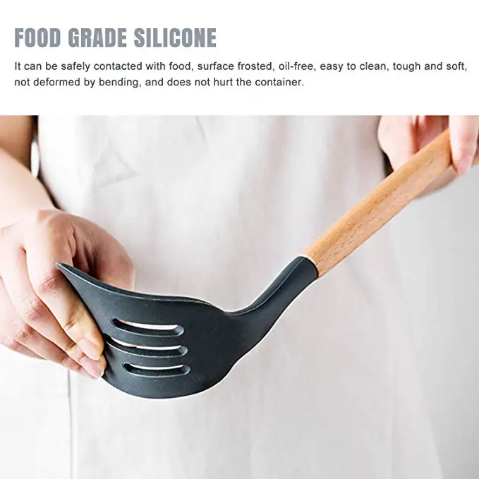Food Grade High Quality 11 pcs Wooden Handle Silicone Kitchen Cooking Utensils