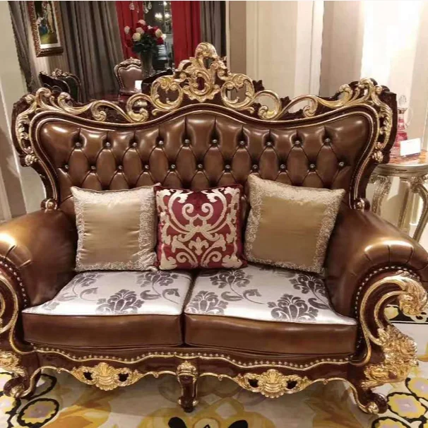 hot sale European classical style antique solid wood royal luxury genuine leather livingroom sofa set