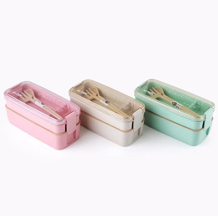 Rice Husks Plant Fiber tiffin box food container with compartments double layer wheat straw wheat fiber lunch box with cutlery