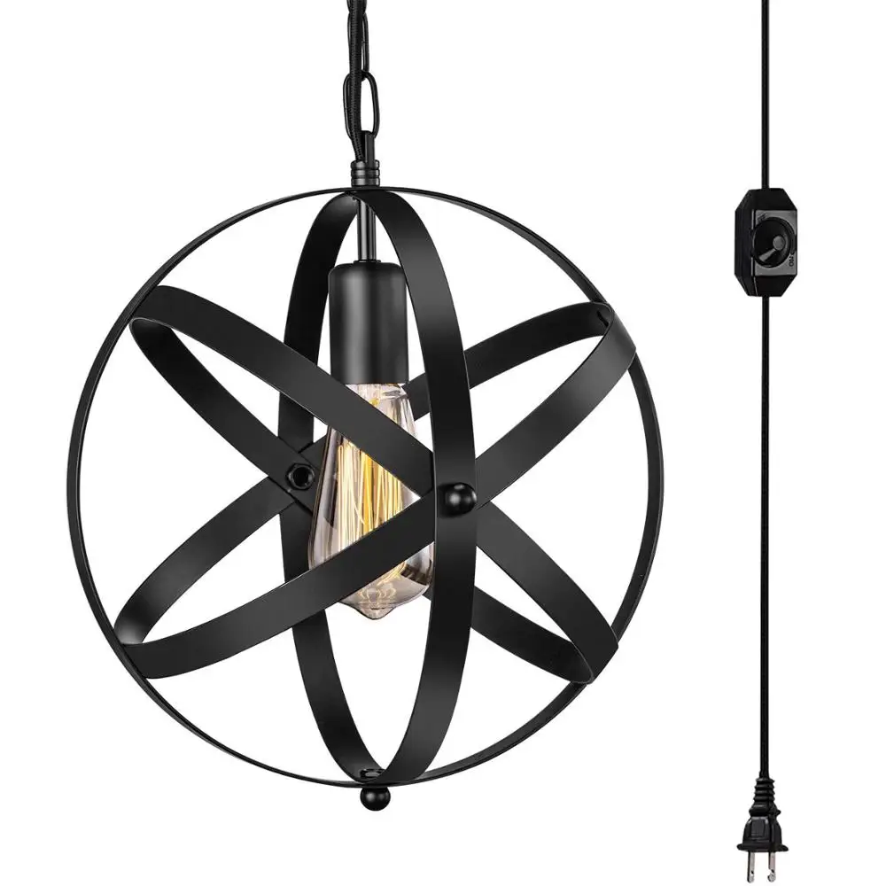 Plug in Industrial Globe Pendant Light,Vintage Metal  Chandelier  Lighting Fixture with Hanging cord and On/Off Switch