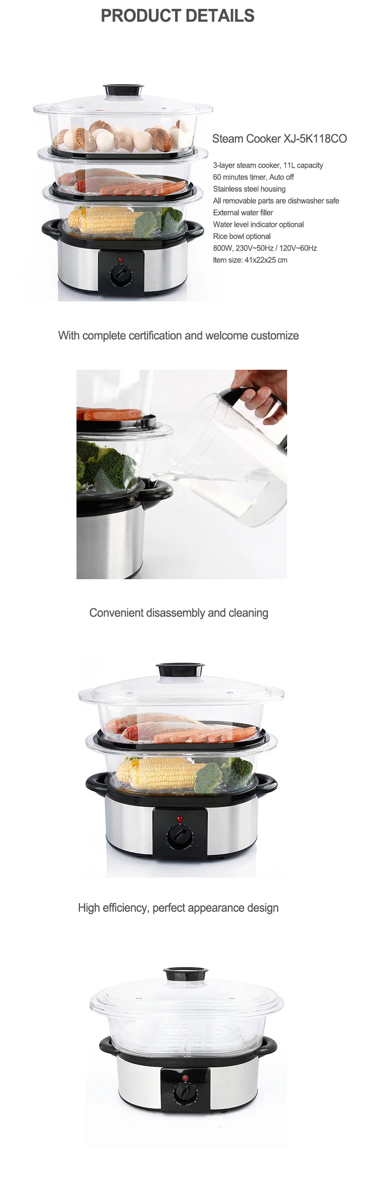 Karfri Electric Steamer 3-layer High Capacity Multi-function Stainless  Steel Steam Cooker Food Steamer Pot