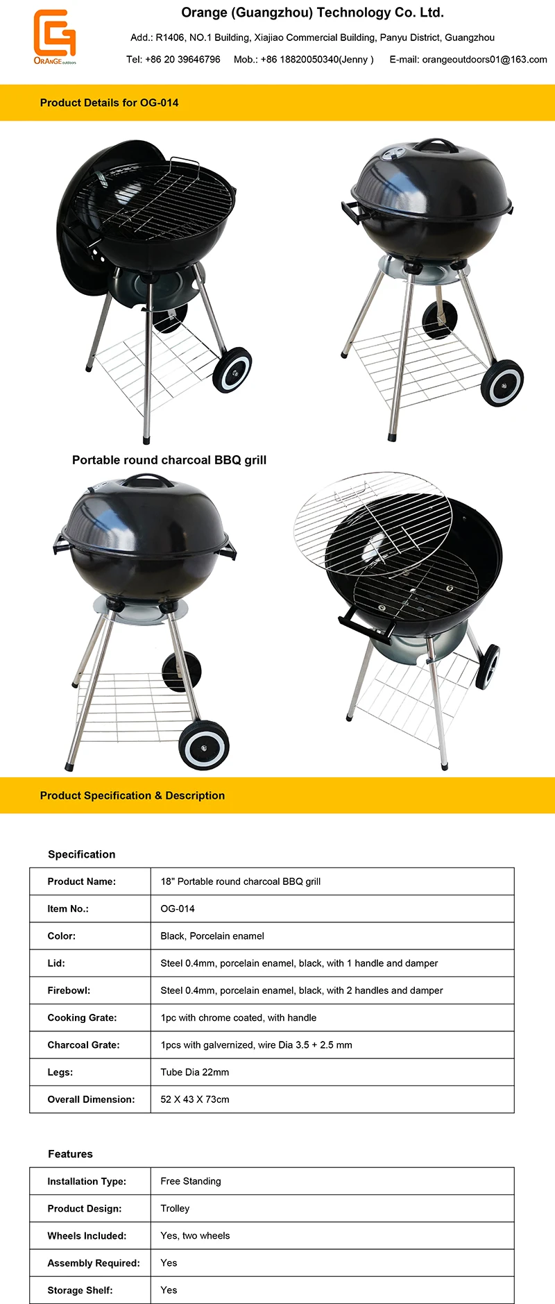 Outdoor Used Portable Trolley Round BBQ Grill with Wheels and Shelf