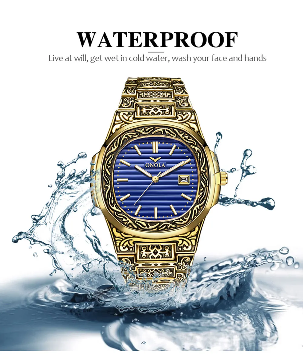 ONOLA 3808 inciso di lusso degli uomini della vigilanza del quarzo phantom intagliato di alta qualità water resist vintage calendario Casuale orologio da polso relojes