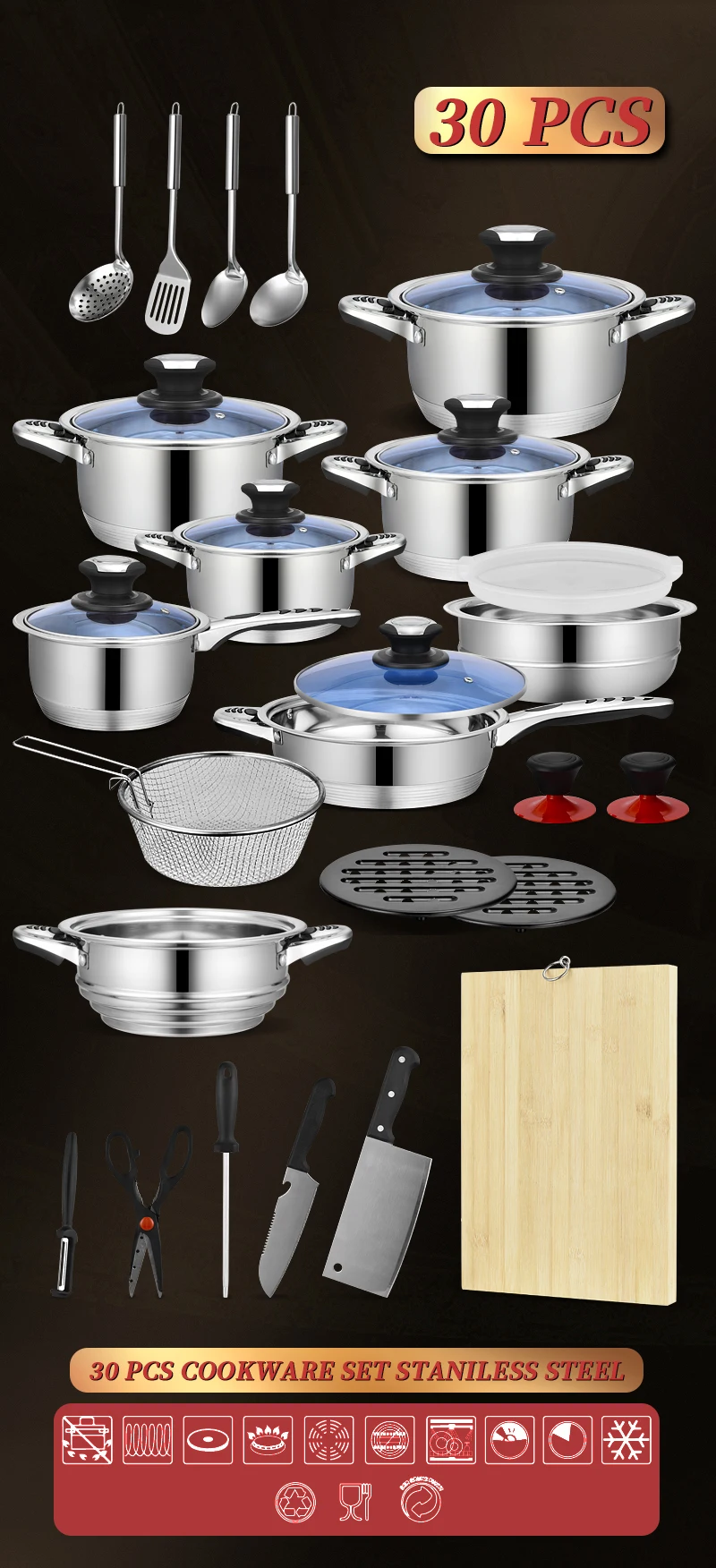 New Products Cheap Price Manufacturer 30pcs Stainless Steel Cookware