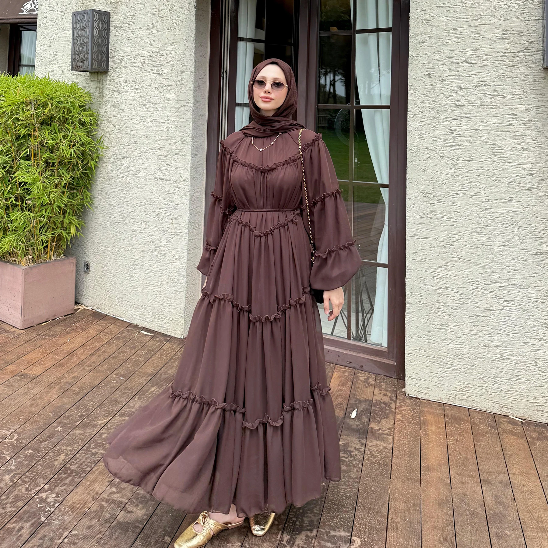 islamic chiffon dresses Wholesale Whole Islamic Women's Floor Length Double Layer Chiffon Tiered Ruffle Elegant olid Long leeve Dress for Wedding & Eid,2 Pieces